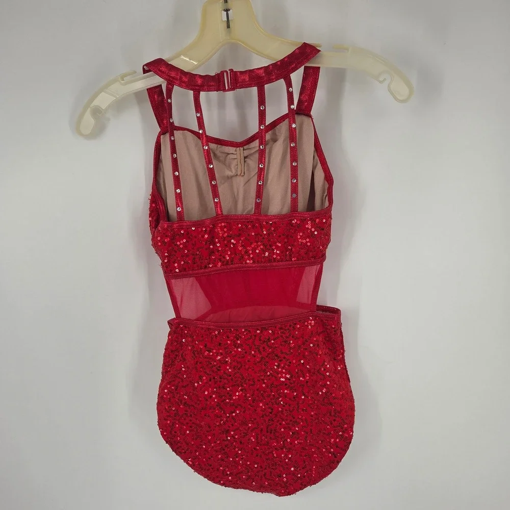 Balera Red Sequin Dance Leotard Mesh Rhinestone Cage Back Girls Large LC